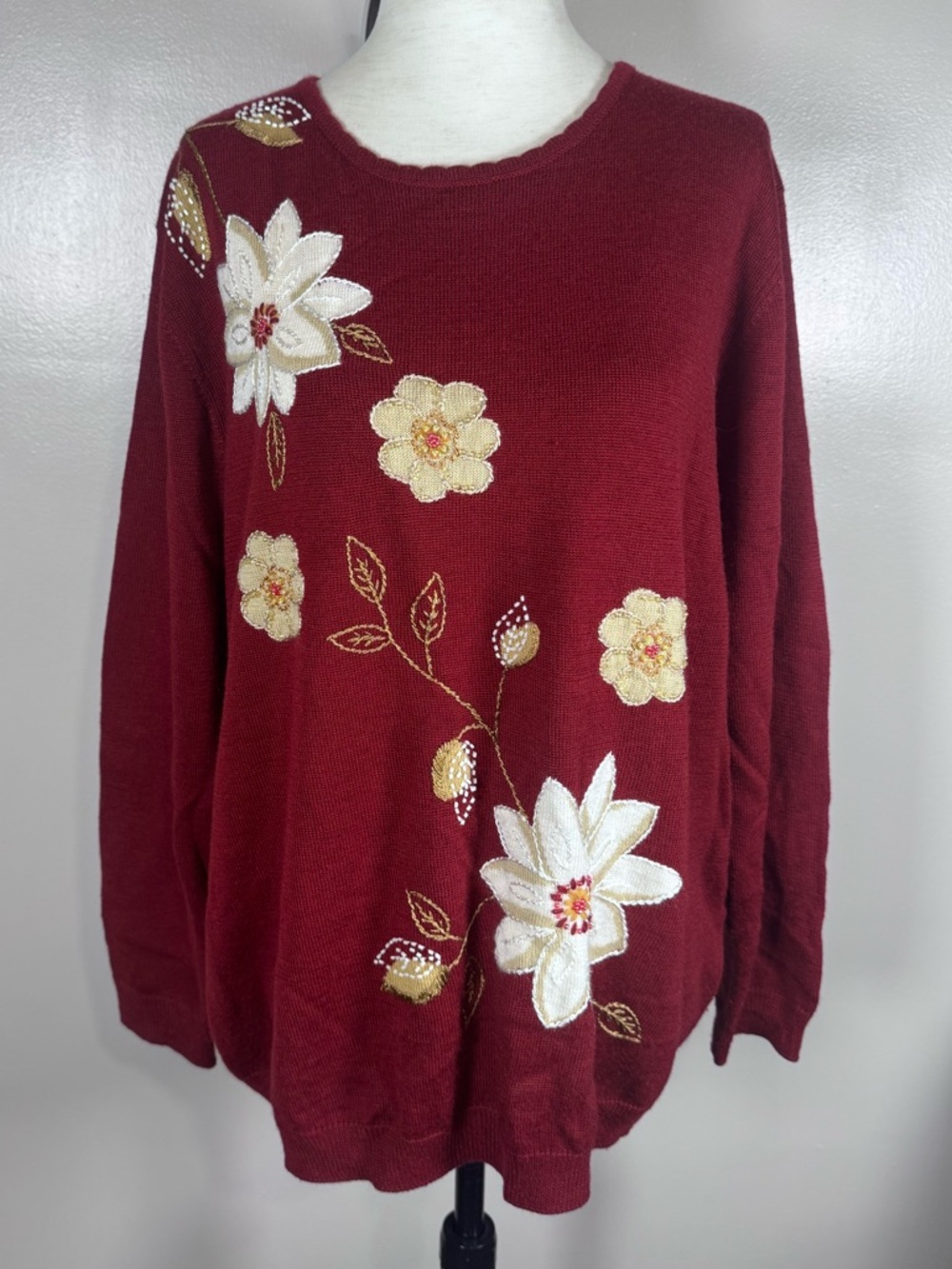 Alfred Dunner Sz 1X Red Embroidered Beaded Floral Long Sleeve Wool Blend Sweater